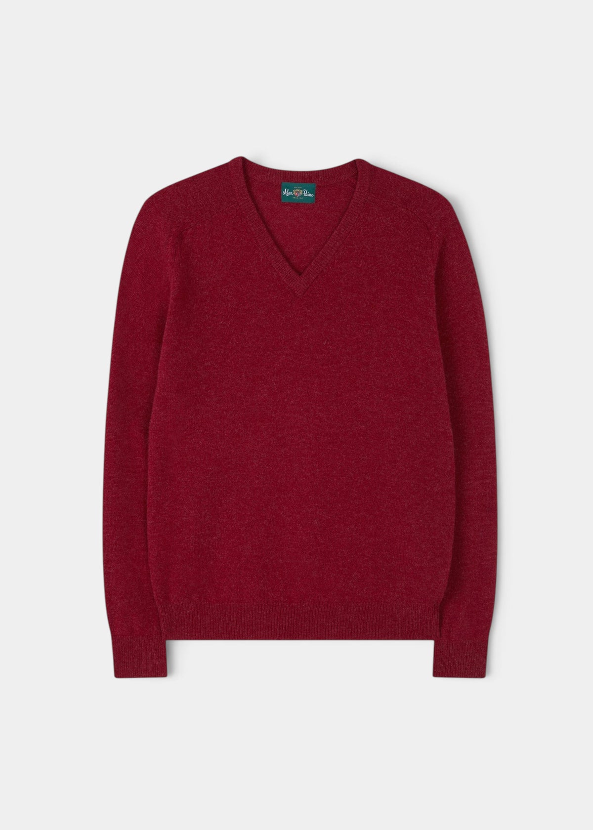 Alan Paine Kilsyth men's V-neck jumper in poppy red, crafted from 100% soft lambswool with a regular fit.