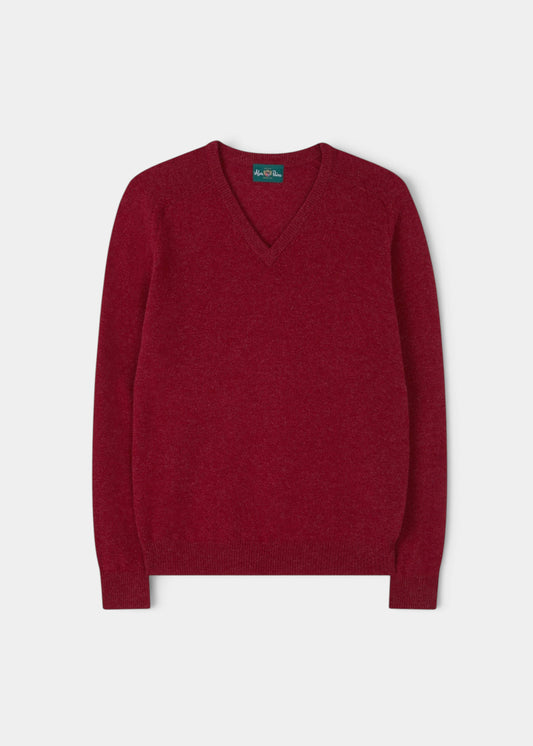 Alan Paine Kilsyth men's V-neck jumper in poppy red, crafted from 100% soft lambswool with a regular fit.