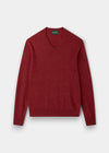 Alan Paine Albury regular fit v-neck jumper in poppy melange Geelong wool with ribbed hem and cuffs.