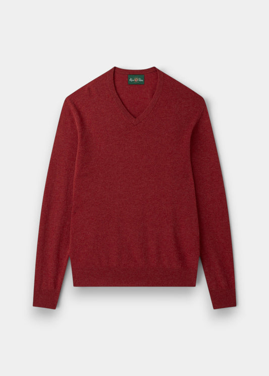 Alan Paine Albury regular fit v-neck jumper in poppy melange Geelong wool with ribbed hem and cuffs.