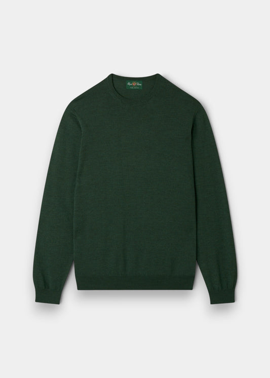 Alan Paine Radstone men's crew neck jumper in hunter green fine Italian merino wool with ribbed hem and cuffs.