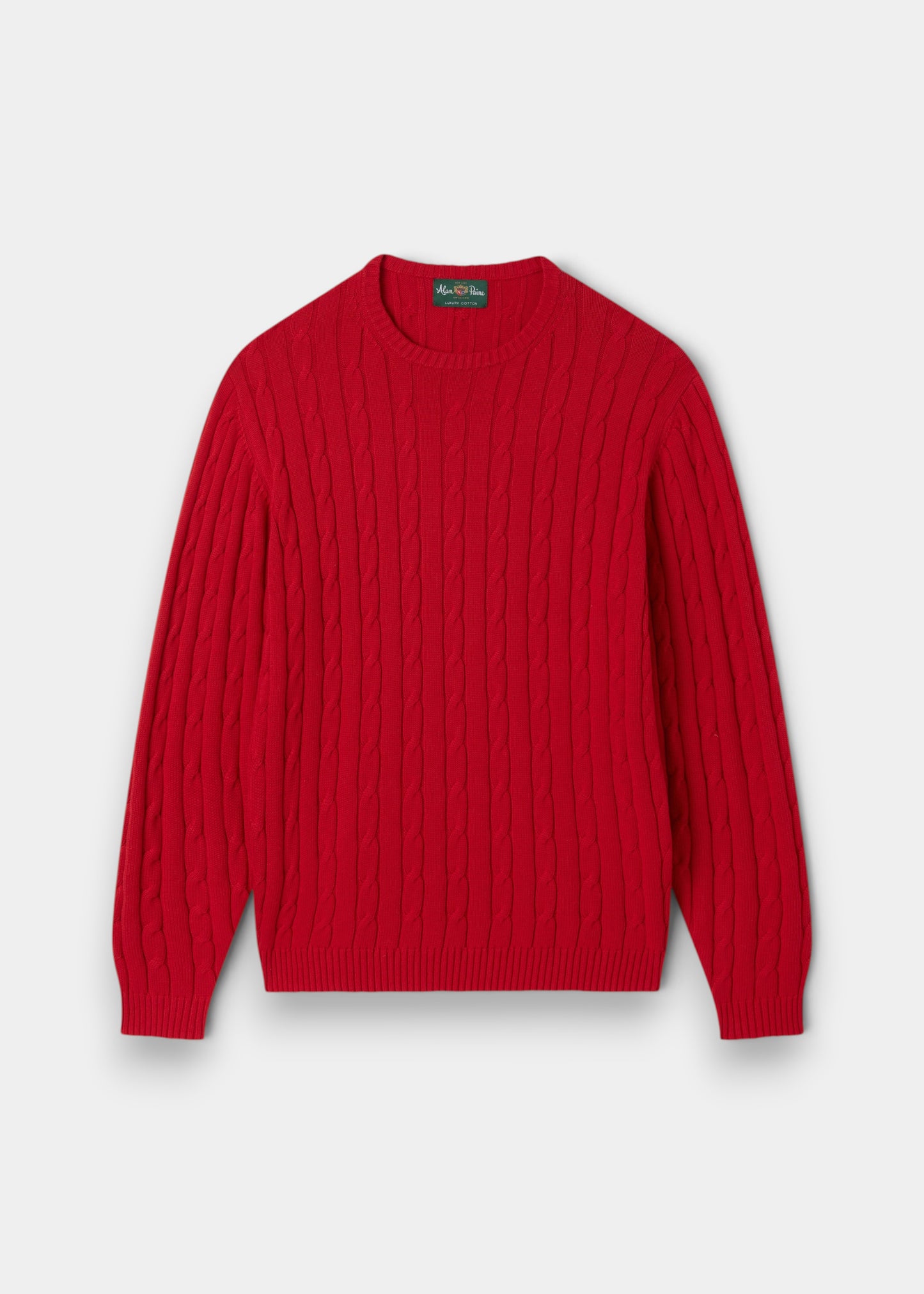 Alan Paine Honley red cable knit crew neck jumper made from a soft Pima cotton and cashmere blend.