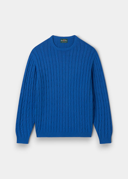 Alan Paine Honley regatta blue cable knit crew neck jumper made from a soft Pima cotton and cashmere blend.