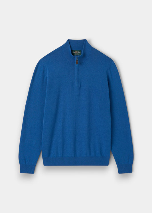 Alan Paine Selhurst regatta blue quarter zip jumper in a soft Pima cotton and cashmere blend with ribbed trim.