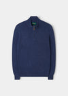 Alan Paine Sutherland lambswool quarter zip jumper in rhapsody blue with a leather zip pull and ribbed cuffs.