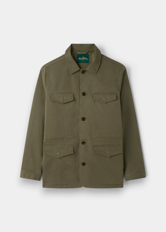 Alan Paine Rockmere men's olive safari jacket featuring a classic collar, button front, and four utility pockets.