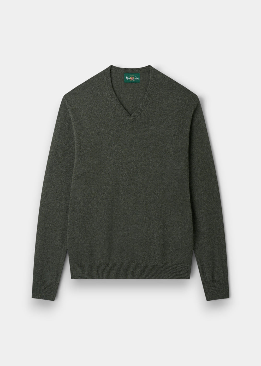 Alan Paine Haddington rosemary green v-neck cashmere jumper with ribbed hem and cuffs in a regular fit.
