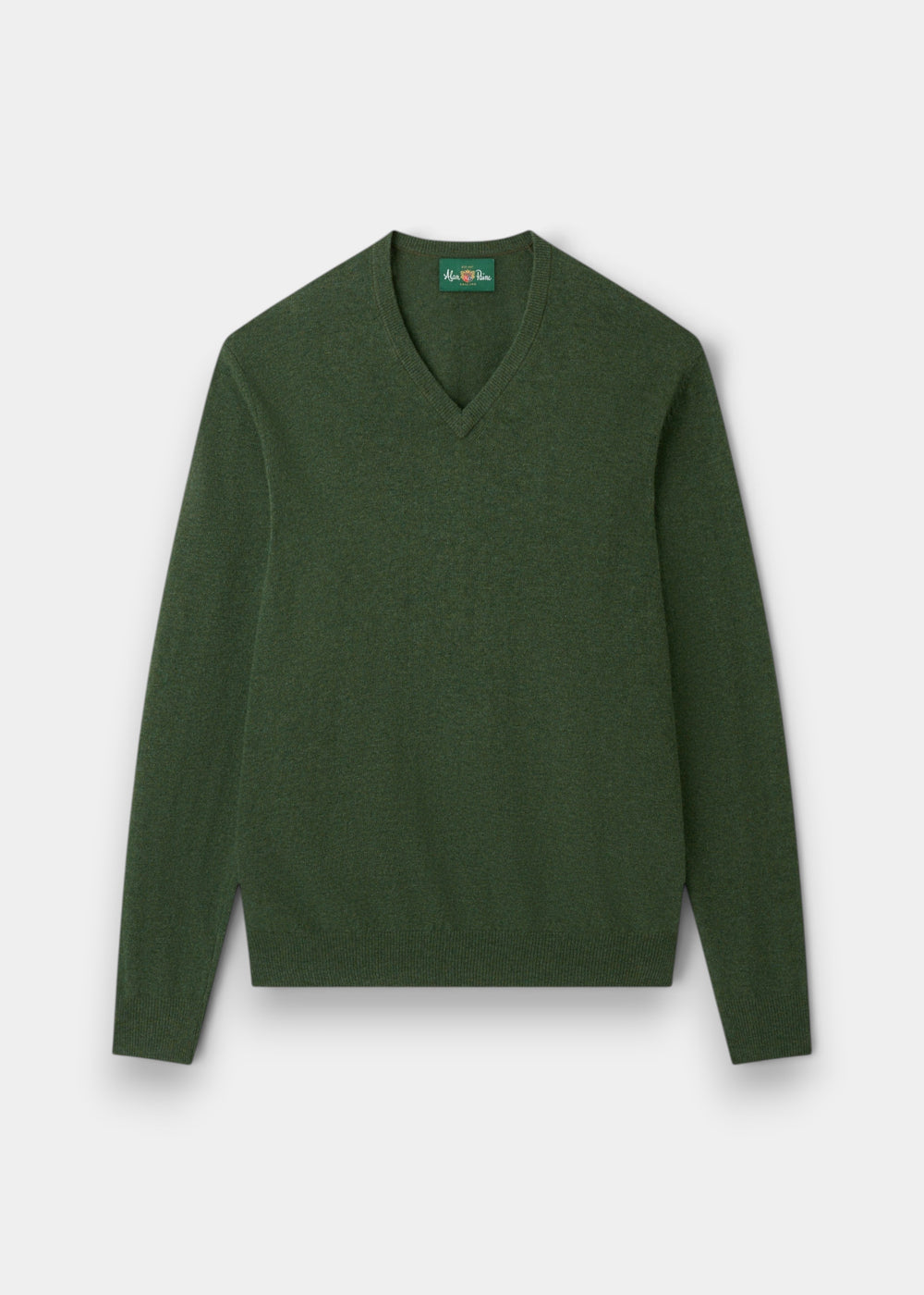 Alan Paine Albury regular fit v-neck jumper in rosemary green Geelong wool with ribbed hem and cuffs.