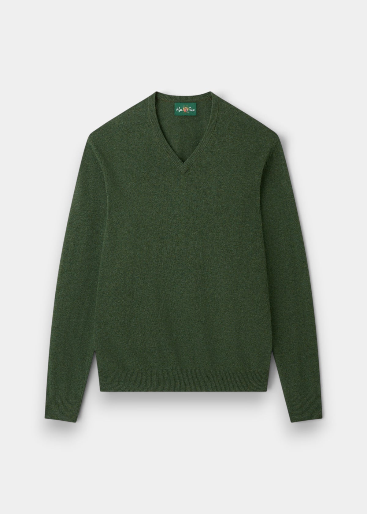 Alan Paine Albury regular fit v-neck jumper in rosemary green Geelong wool with ribbed hem and cuffs.