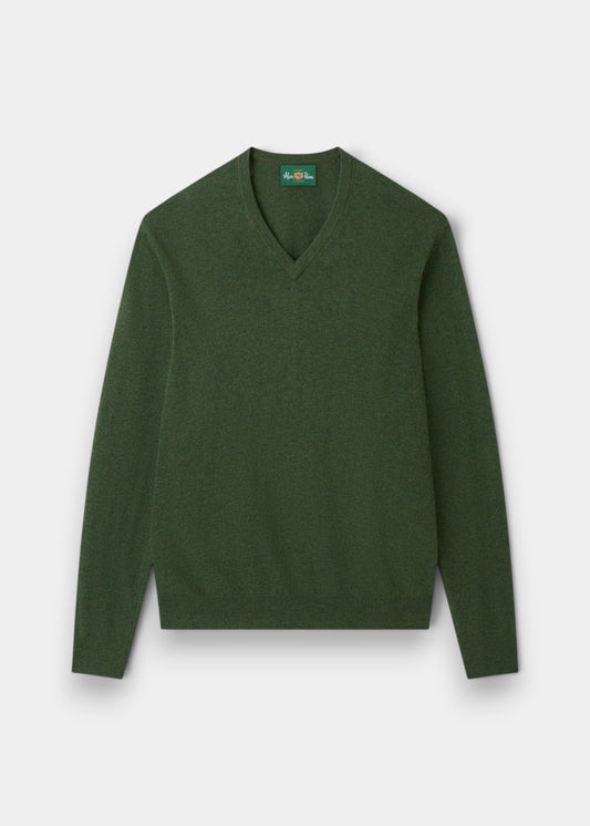 Alan Paine Albury regular fit v-neck jumper in rosemary green Geelong wool with ribbed hem and cuffs.
