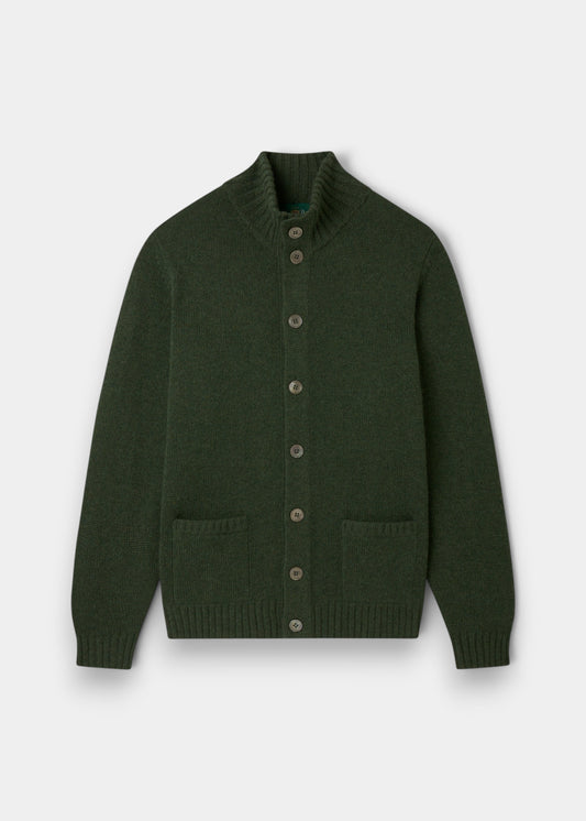 Alan Paine rosemary green lambswool buttoned cardigan with a ribbed stand-up collar and front pockets.