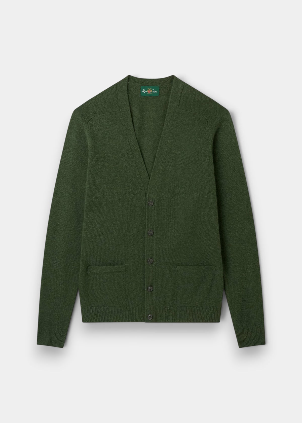 Alan Paine rosemary green lambswool V-neck cardigan with five buttons, jetted pockets, and ribbed trim.