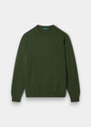 Alan Paine Lenzie men's crew neck jumper in rosemary green, crafted from soft 100% lambswool with saddle shoulders.