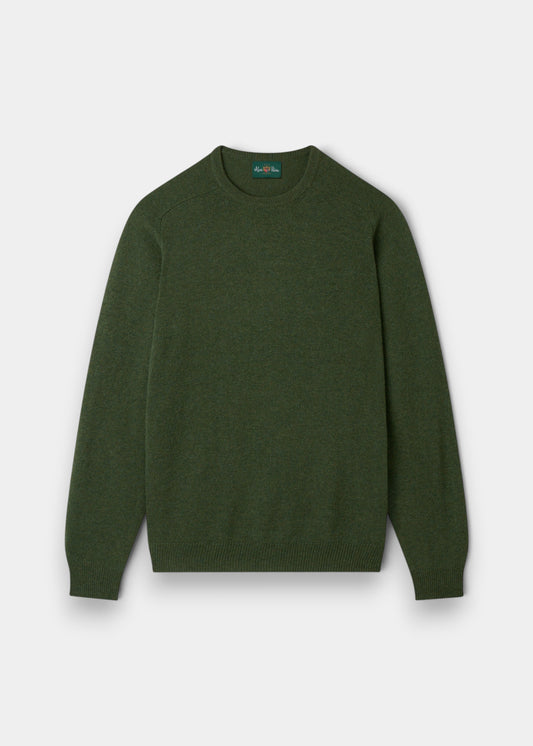 Alan Paine Lenzie men's crew neck jumper in rosemary green, crafted from soft 100% lambswool with saddle shoulders.