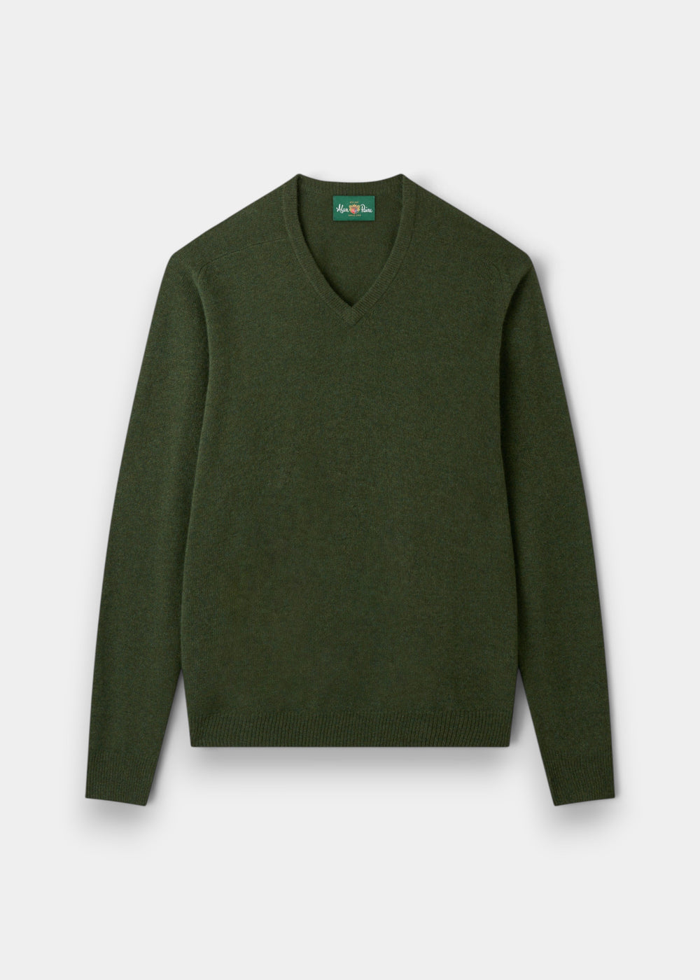 Hampshire Lambswool V-Neck Jumper in Rosemary, classic fit, laid flat on a plain light background.