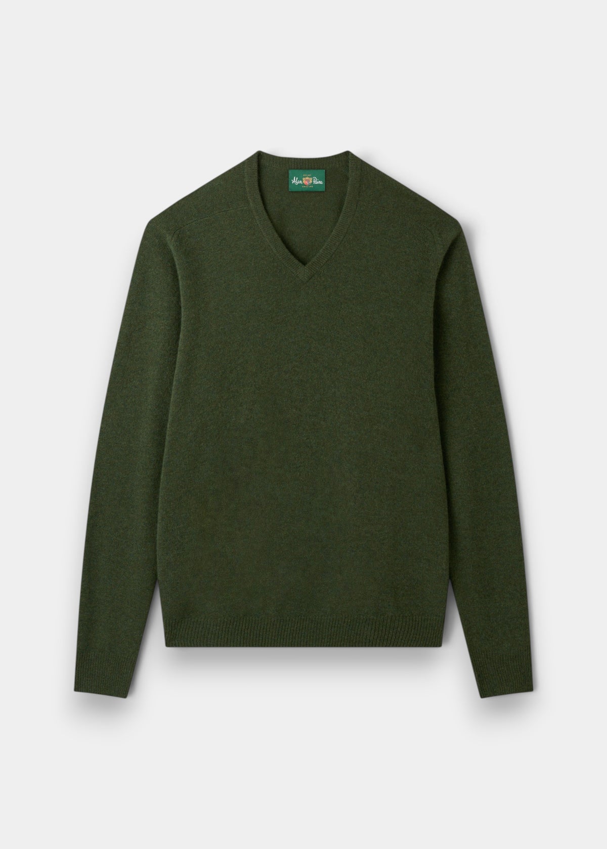 Hampshire Lambswool V-Neck Jumper in Rosemary, classic fit, laid flat on a plain light background.
