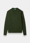 Alan Paine Kilsyth men's V-neck jumper in rosemary green lambswool with ribbed cuffs and hem