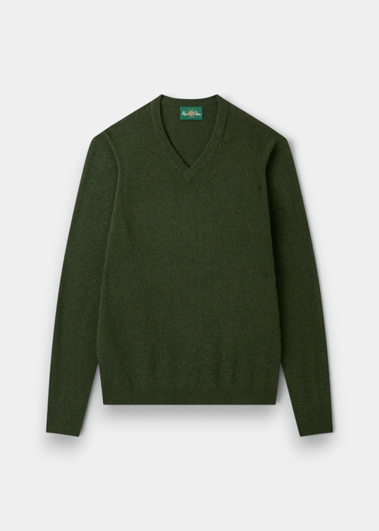 Alan Paine Kilsyth men's V-neck jumper in rosemary green lambswool with ribbed cuffs and hem