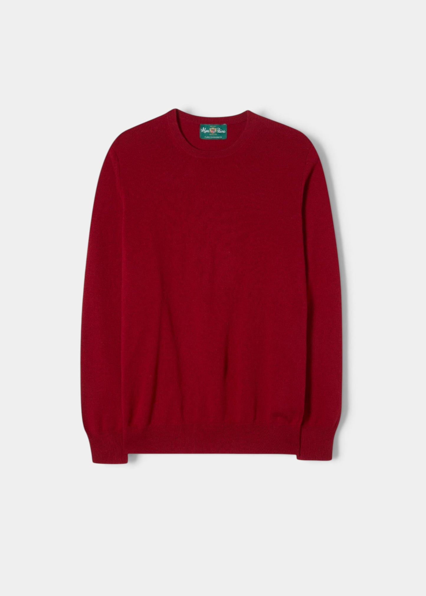 Alan Paine ruby red crew neck jumper in 100% cashmere with ribbed hem and cuffs in a regular fit