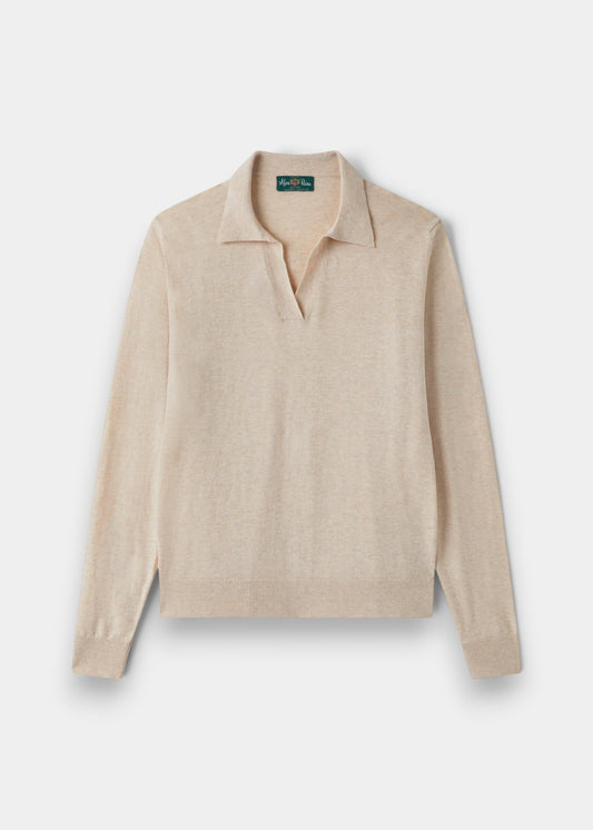 Alan Paine Uma cotton cashmere jumper in sand with an open placket collar and long sleeves