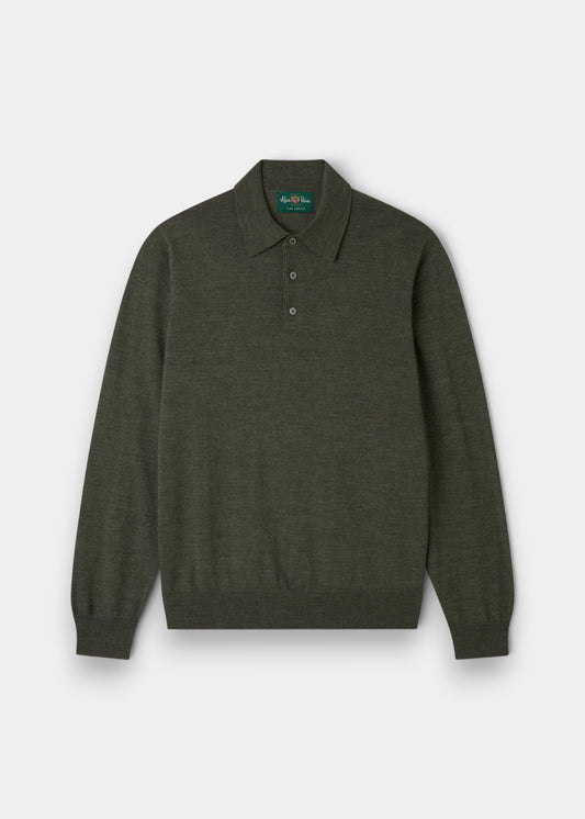 Alan Paine Hindhead men's long sleeve polo shirt in seaweed green fine Italian merino wool with a three-button placket.