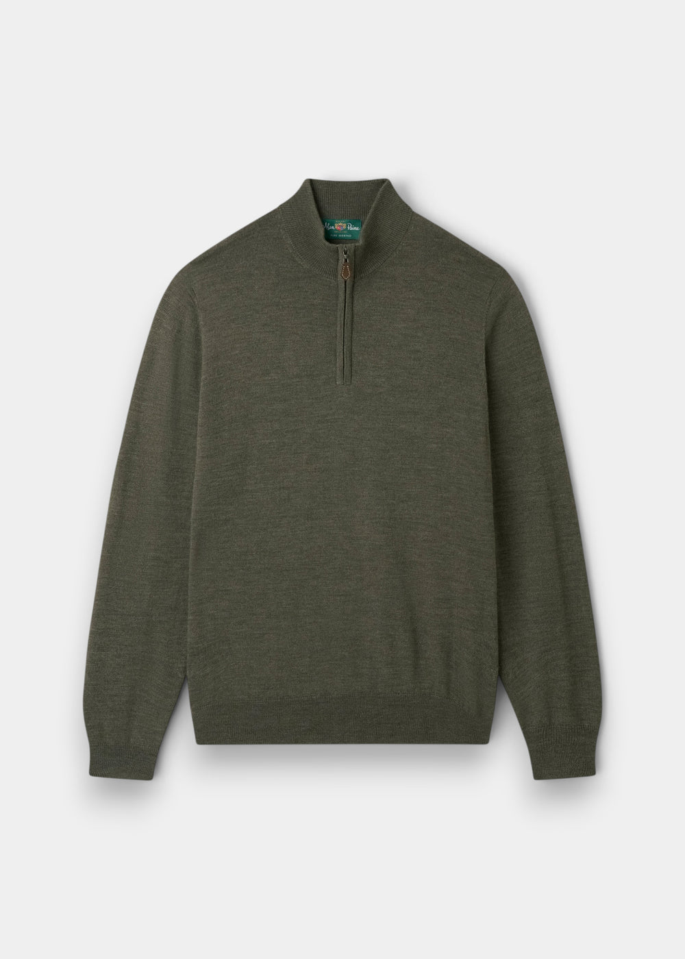 Barton Merino Wool Quarter Zip Jumper in Seaweed, regular fit, with long sleeves and ribbed cuffs on white background.