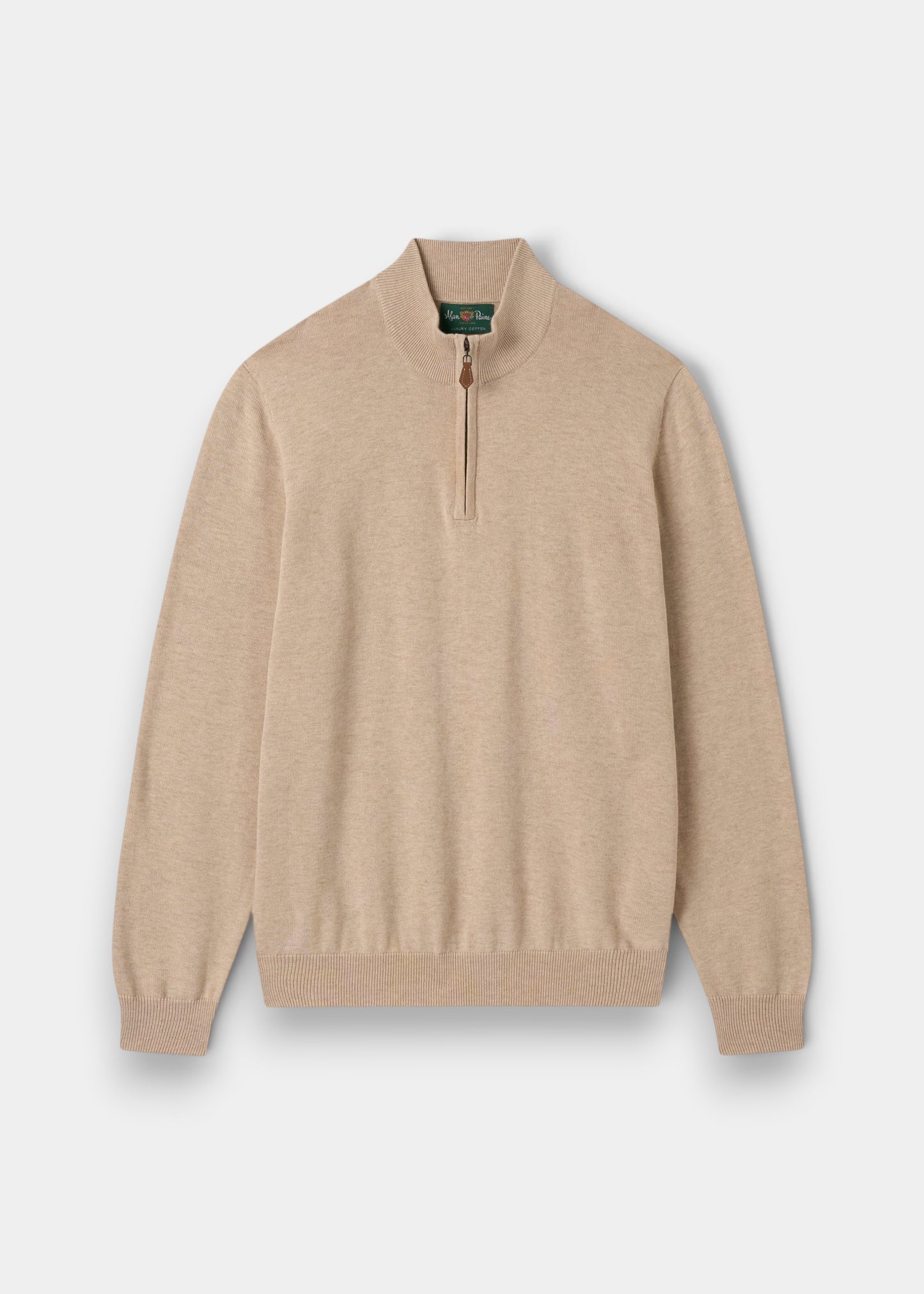 Alan Paine Selhurst sand-coloured quarter-zip jumper made from a soft Pima cotton and cashmere blend.
