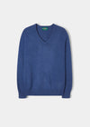 Alan Paine Selkirk cashmere v-neck jumper in denim blue with saddle shoulder detailing and ribbed hem and cuffs.