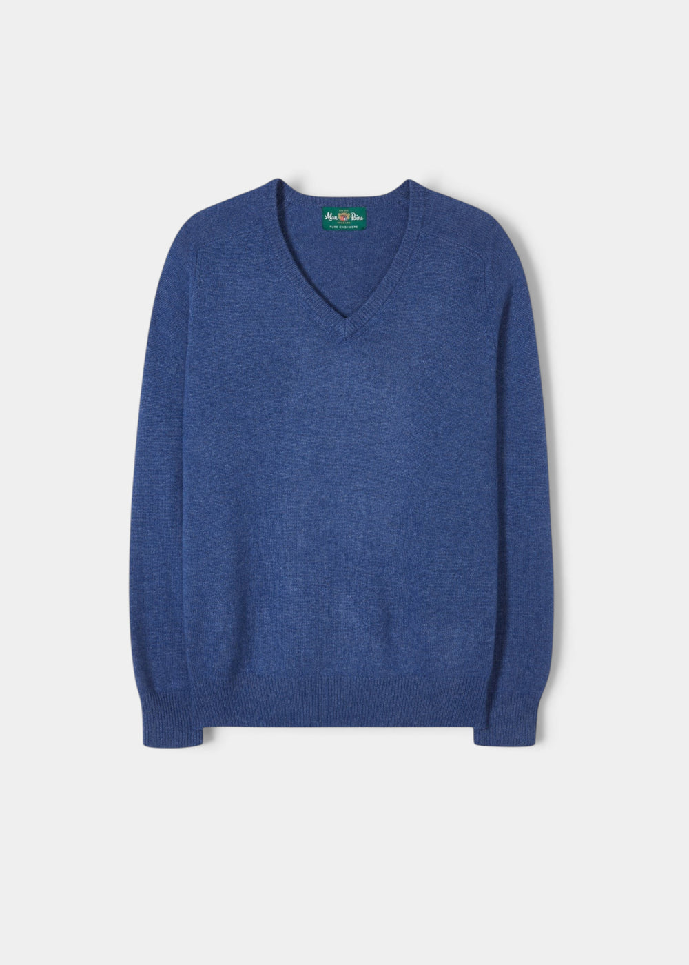 Selkirk Pure Cashmere V-Neck Jumper In Denim, a blue long-sleeved v-neck sweater in pure cashmere.