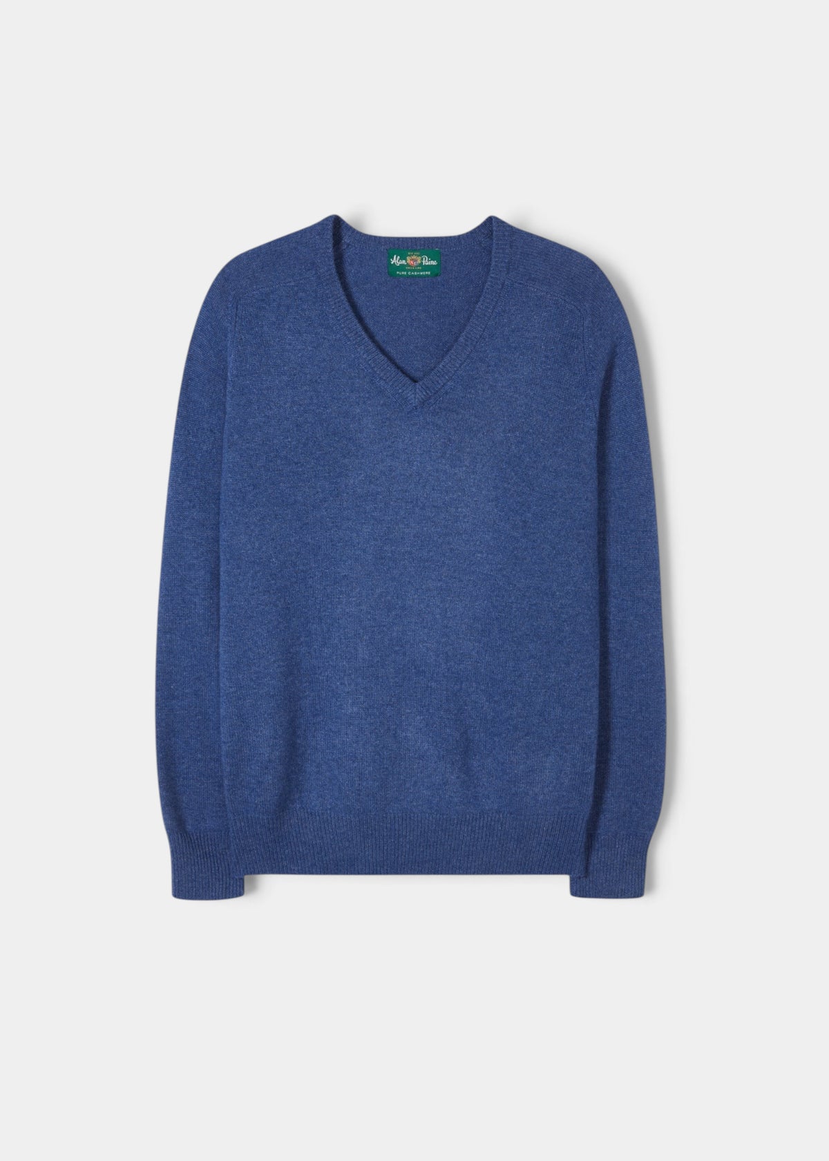 Selkirk Pure Cashmere V-Neck Jumper In Denim, a blue long-sleeved v-neck sweater in pure cashmere.