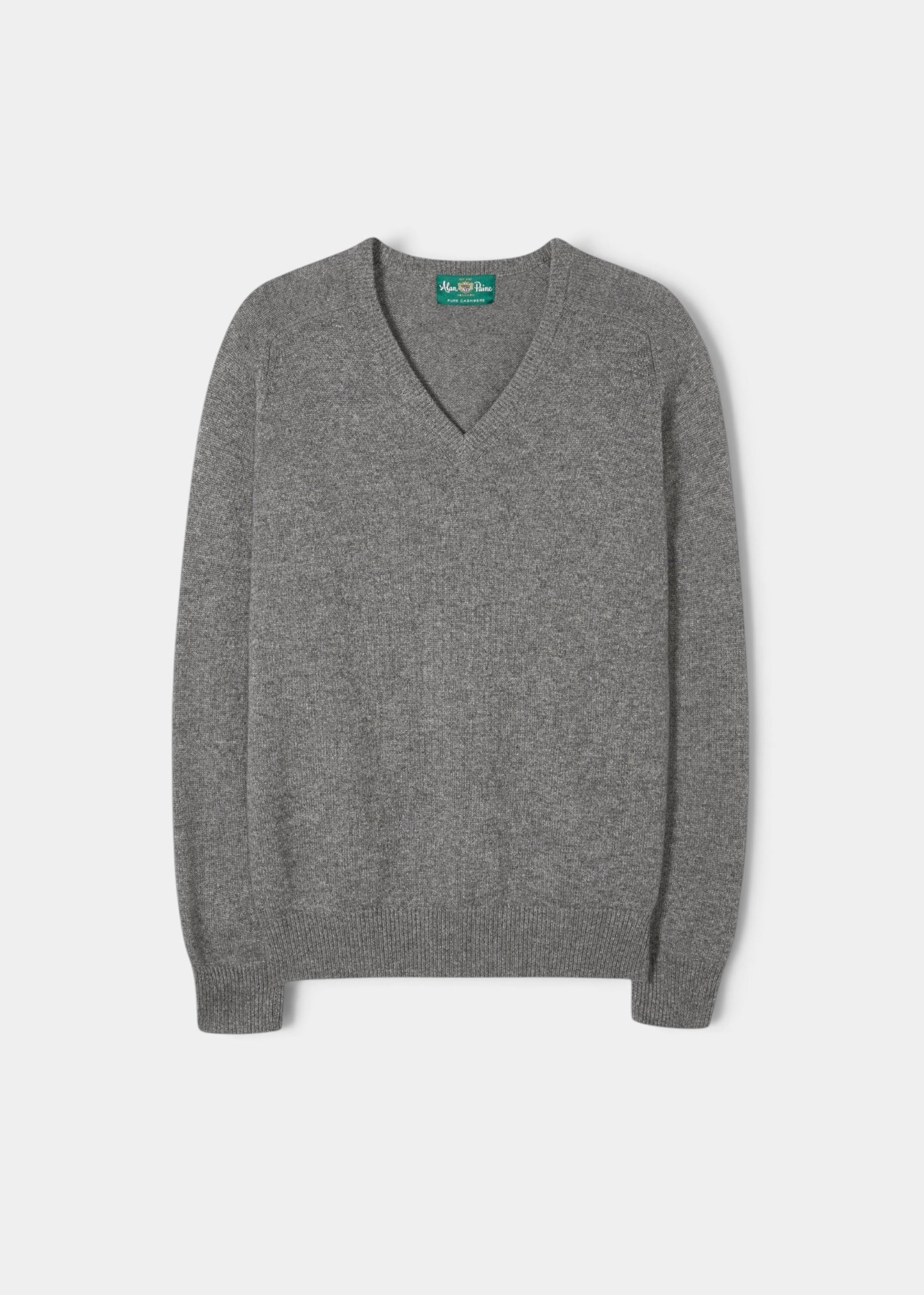 Alan Paine Selkirk grey cashmere v-neck jumper with saddle shoulders and ribbed cuffs in a classic fit