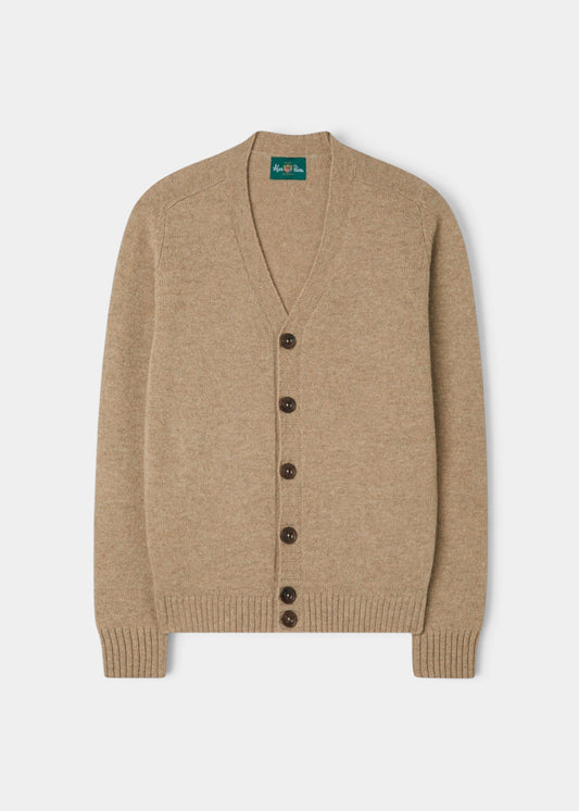 Alan Paine Kinloch men's V-neck cardigan in pale oak Shetland wool with a button-front closure and ribbed cuffs.
