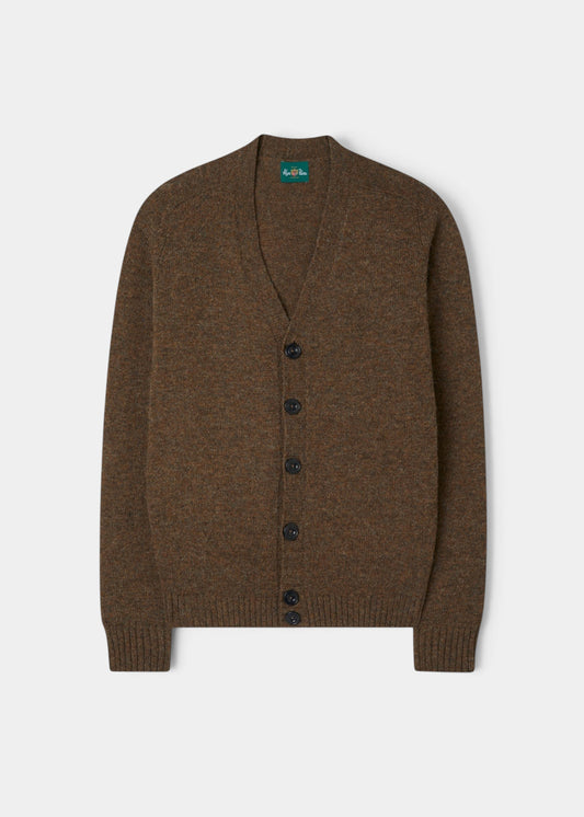 Alan Paine Kinloch men's Shetland wool cardigan in Scots Pine brown with a V-neck and button-up front.