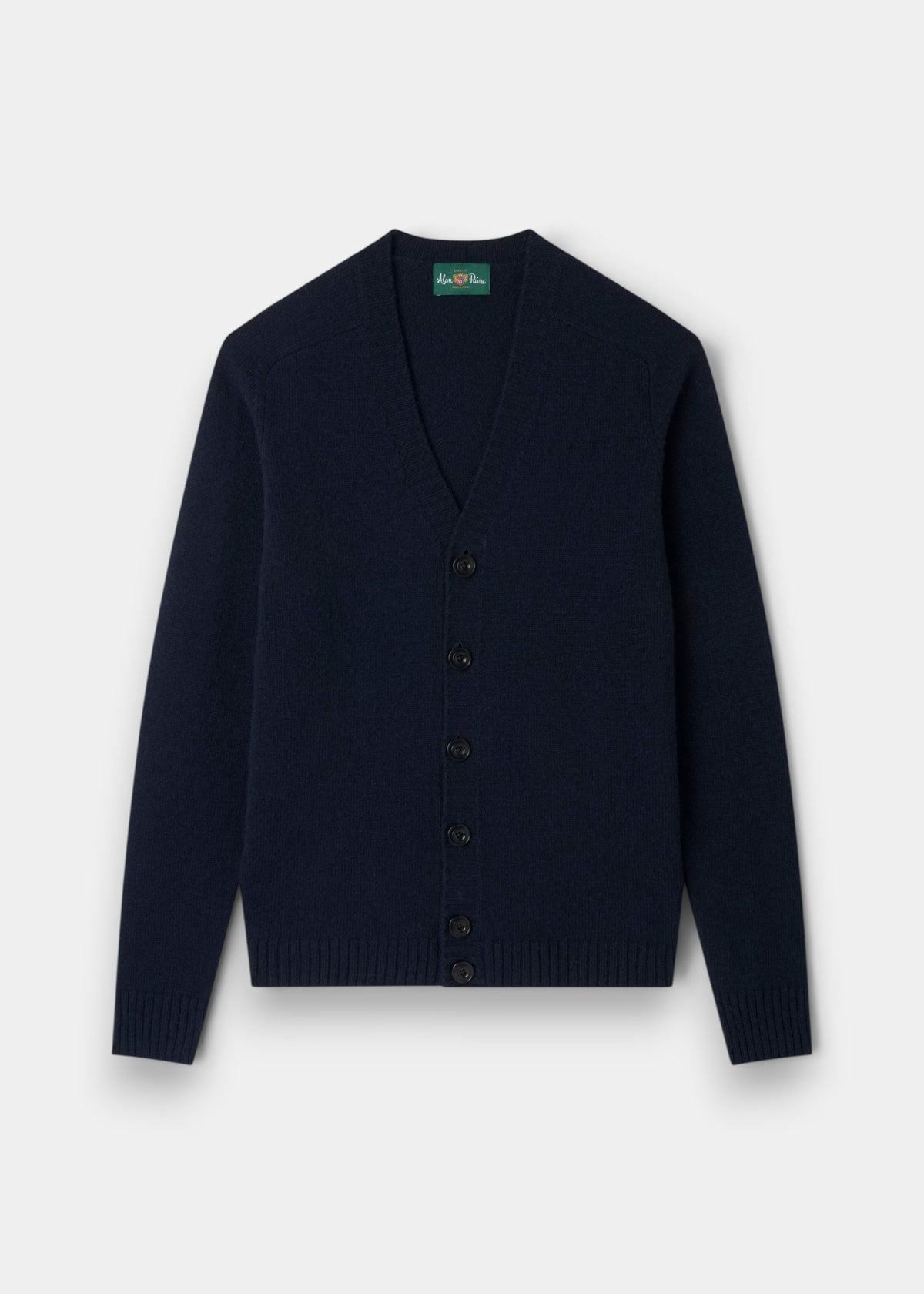 Kinloch Supersoft Shetland Wool V-Neck Cardigan in Concord, featuring ribbed cuffs, laid flat on white background.