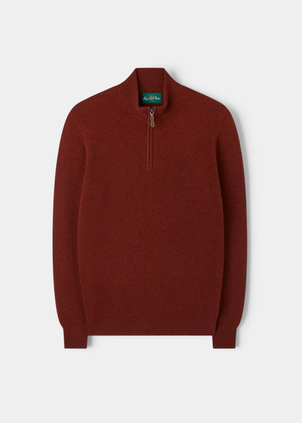 Alan Paine sienna lambswool quarter zip jumper with a mock neck and leather zip pull in a regular fit.