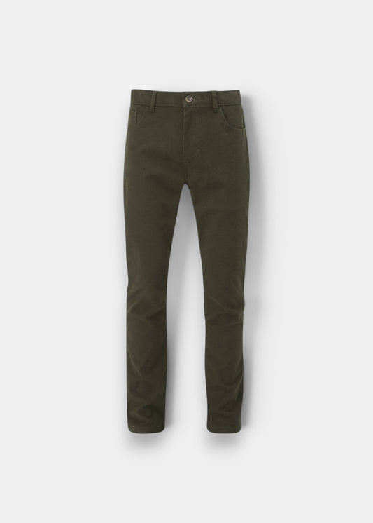 Alan Paine Southoak olive moleskin trousers for men in a regular fit with a button fastening and zip fly.