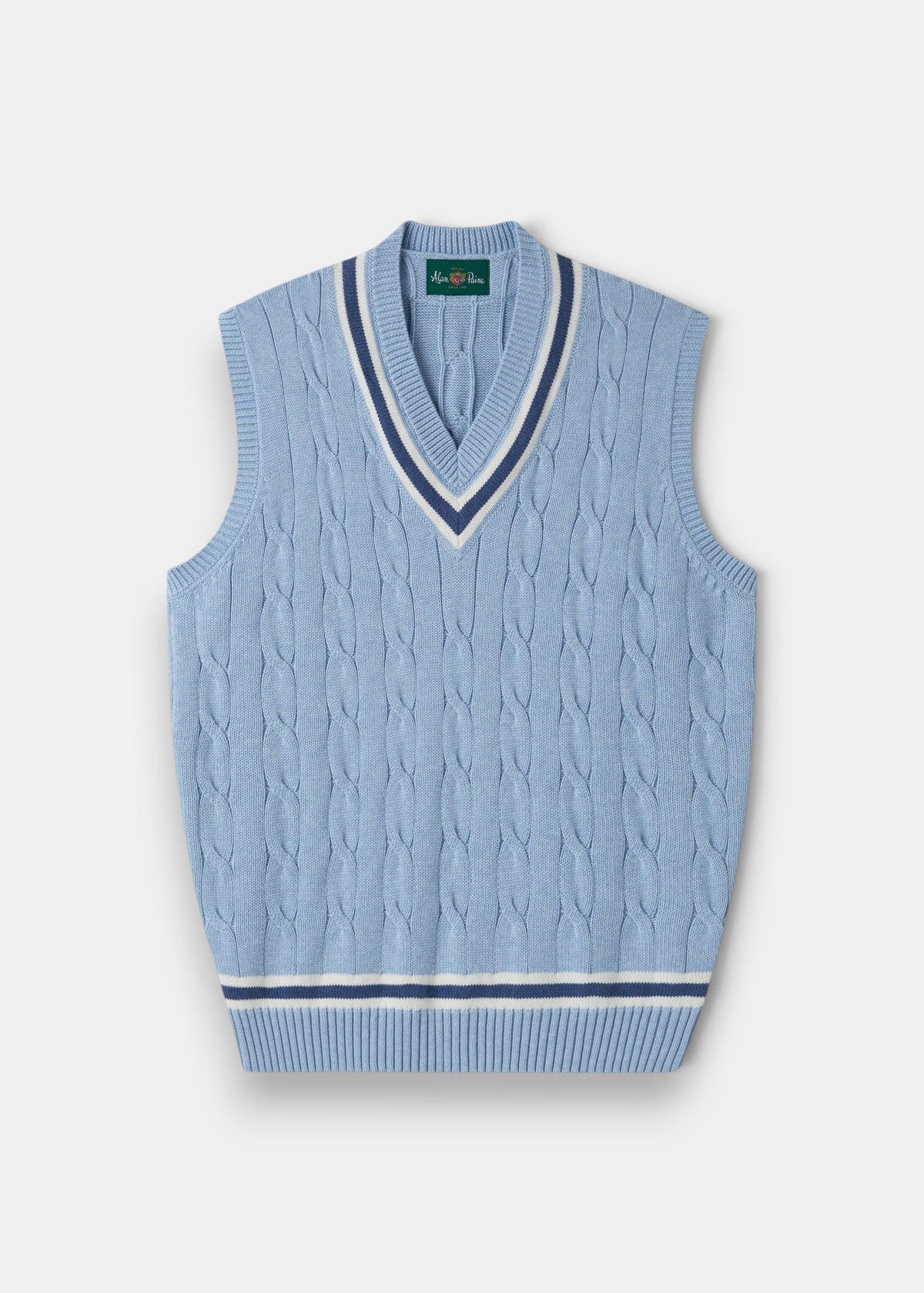 Alan Paine Chadbury cable knit cricket slipover in steel blue cotton with V-neck and striped ribbed trim.