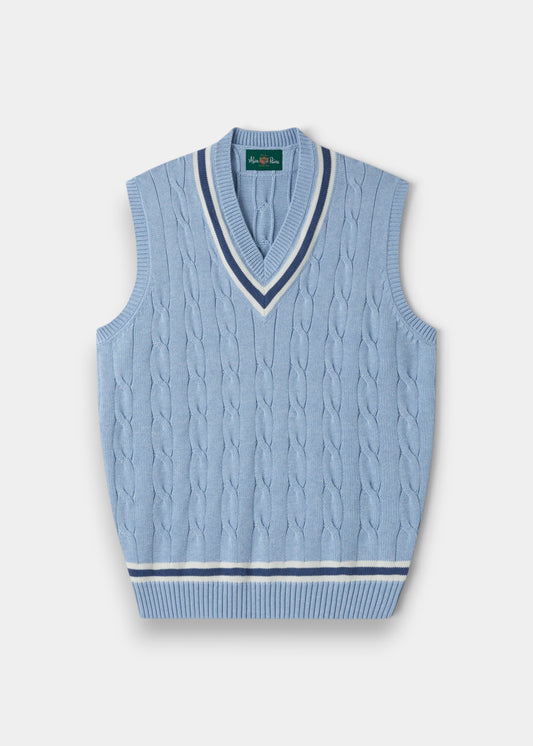 Alan Paine Chadbury cable knit cricket slipover in steel blue cotton with V-neck and striped ribbed trim.