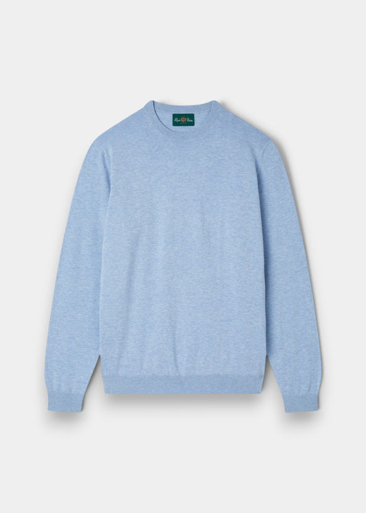 Alan Paine Oakford steel blue long sleeve crew neck shirt in 100% high twist cotton with a refined textured knit.
