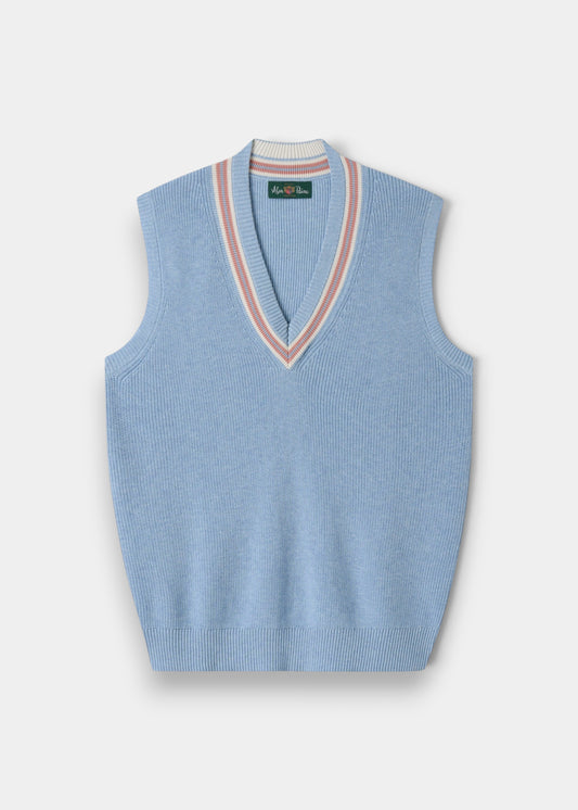Alan Paine ladies cricket slipover in steel blue mix cotton with ecru and dusk pink v-neck trim