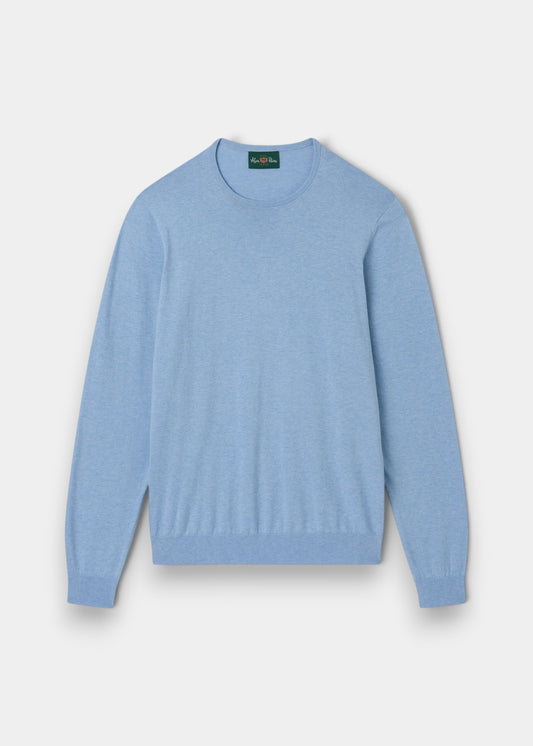 Alan Paine steel blue crew neck jumper in a soft blend of Pima cotton, silk, and cashmere with ribbed cuffs and hem.