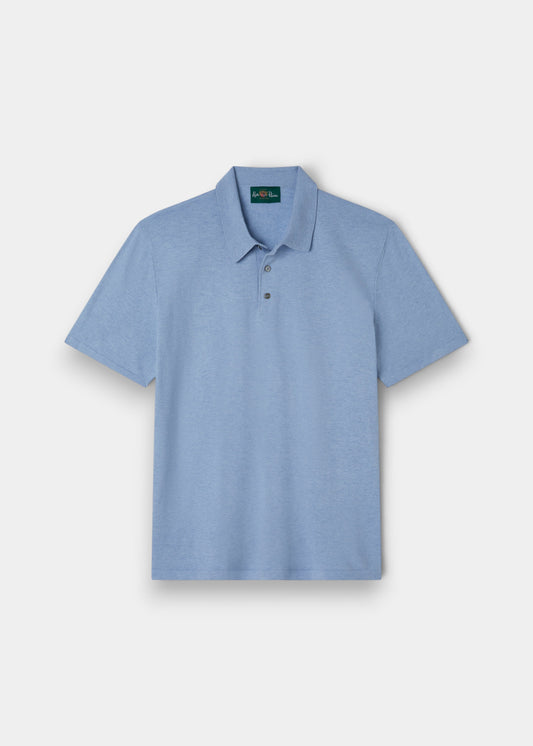 Alan Paine steel blue luxury polo shirt in a soft blend of Pima cotton, silk, and cashmere with a ribbed hem.