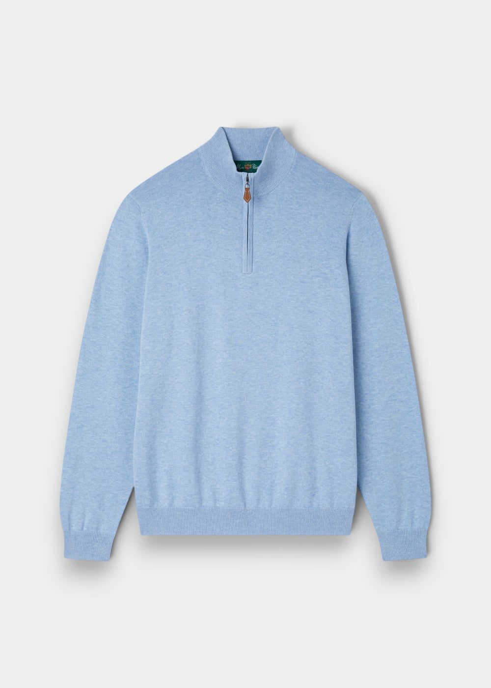Alan Paine Selhurst steel blue quarter zip jumper in a soft Pima cotton and cashmere blend with ribbed cuffs and hem.