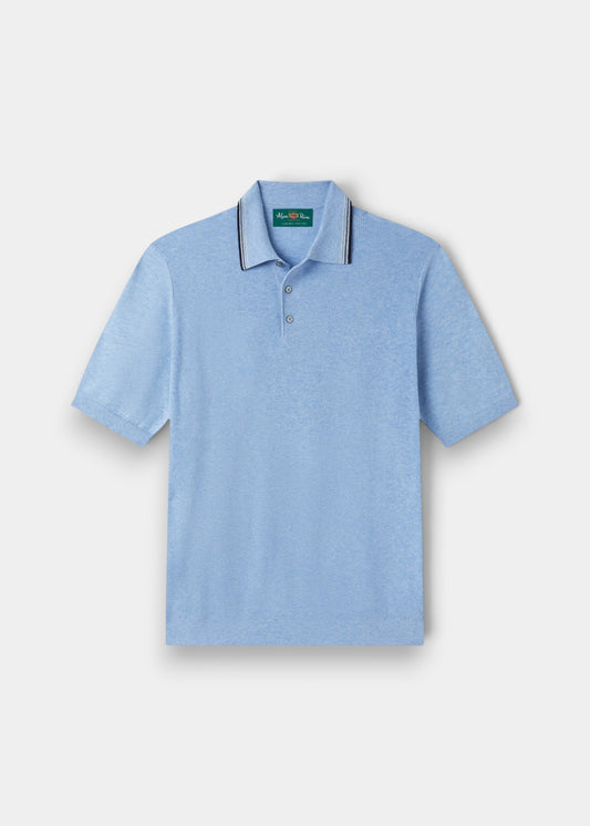 Alan Paine Lulworth men's steel blue polo shirt in a textured cotton cashmere blend with a tipped collar.