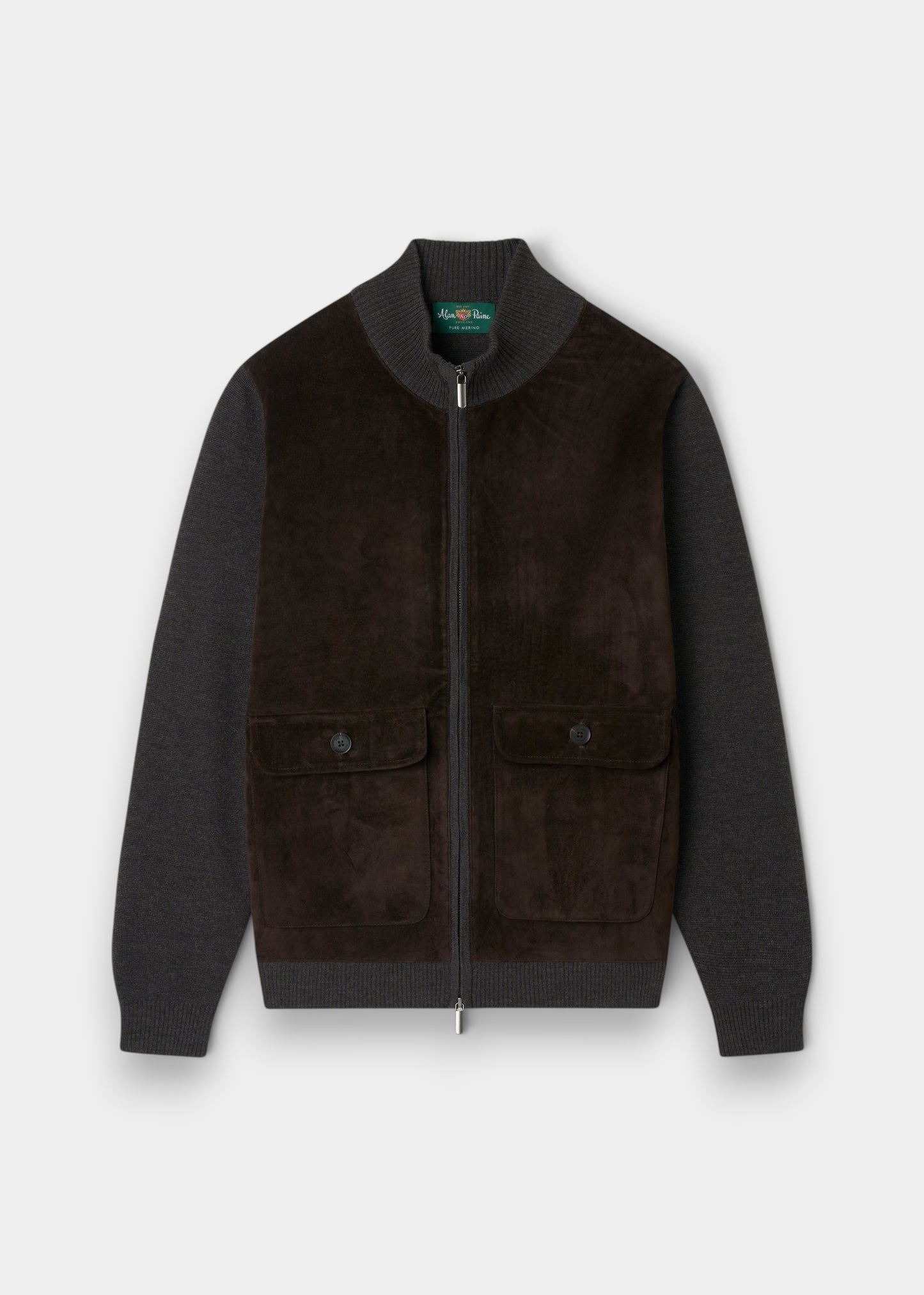 Alan Paine Oakmoore dark brown zip-through jumper with a real suede front panel and fine Italian Merino wool sleeves.