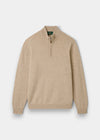 Alan Paine Sutherland lambswool quarter zip jumper in linen beige with a leather zip pull and ribbed hem and cuffs.
