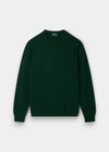 Alan Paine Lenzie men's crew neck jumper in tartan green lambswool with ribbed cuffs and saddle shoulder detail.