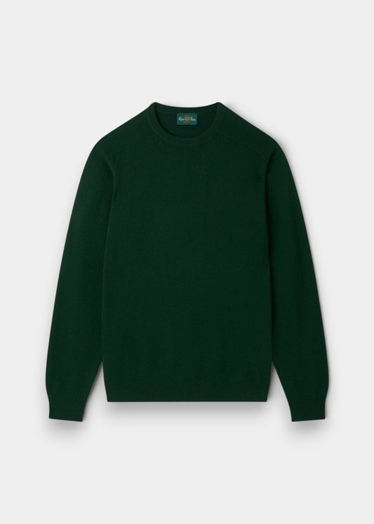 Alan Paine Lenzie men's crew neck jumper in tartan green lambswool with ribbed cuffs and saddle shoulder detail.