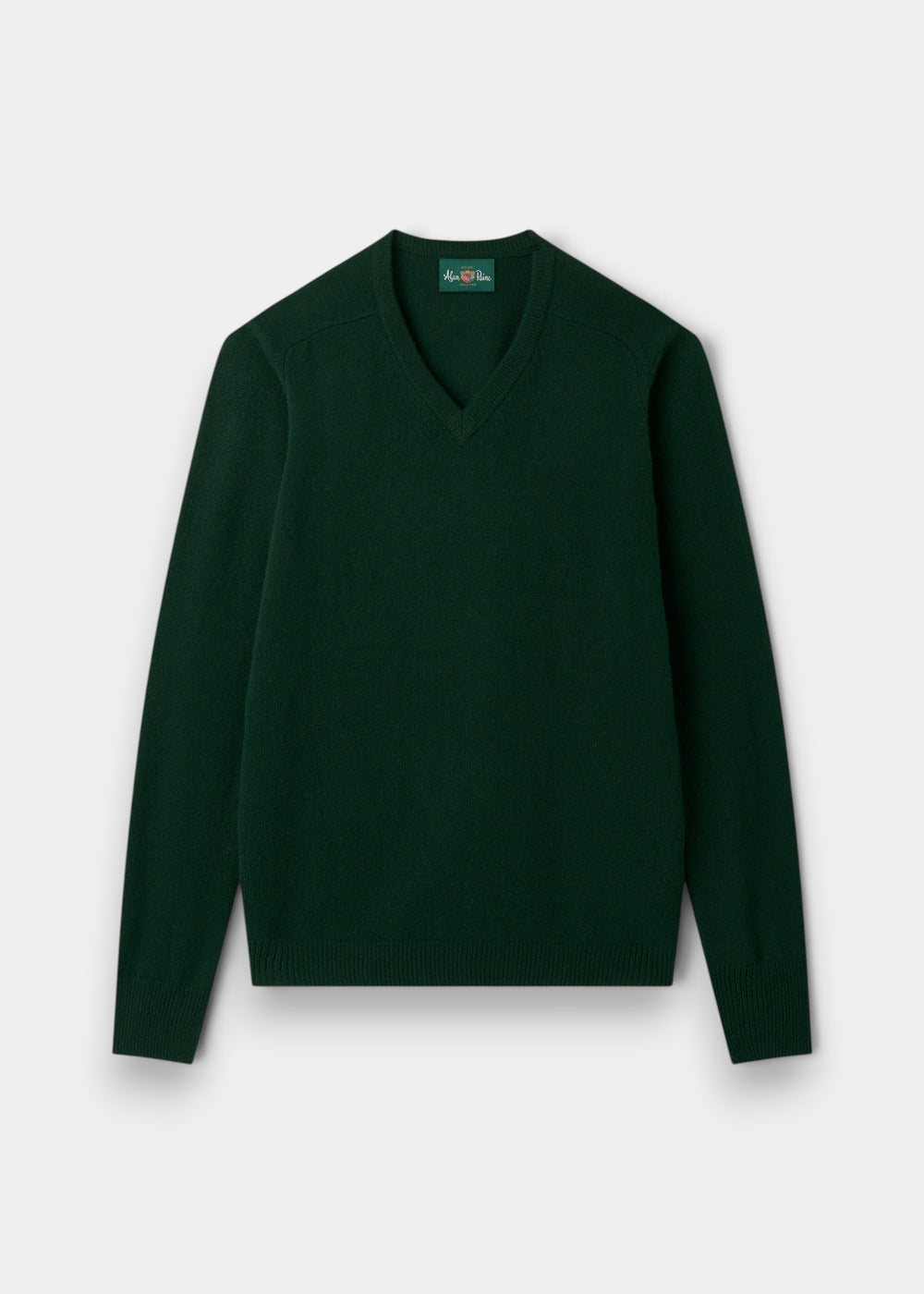 Alan Paine Kilsyth men's V-neck jumper in tartan green made from 100% soft lambswool with ribbed hem and cuffs.