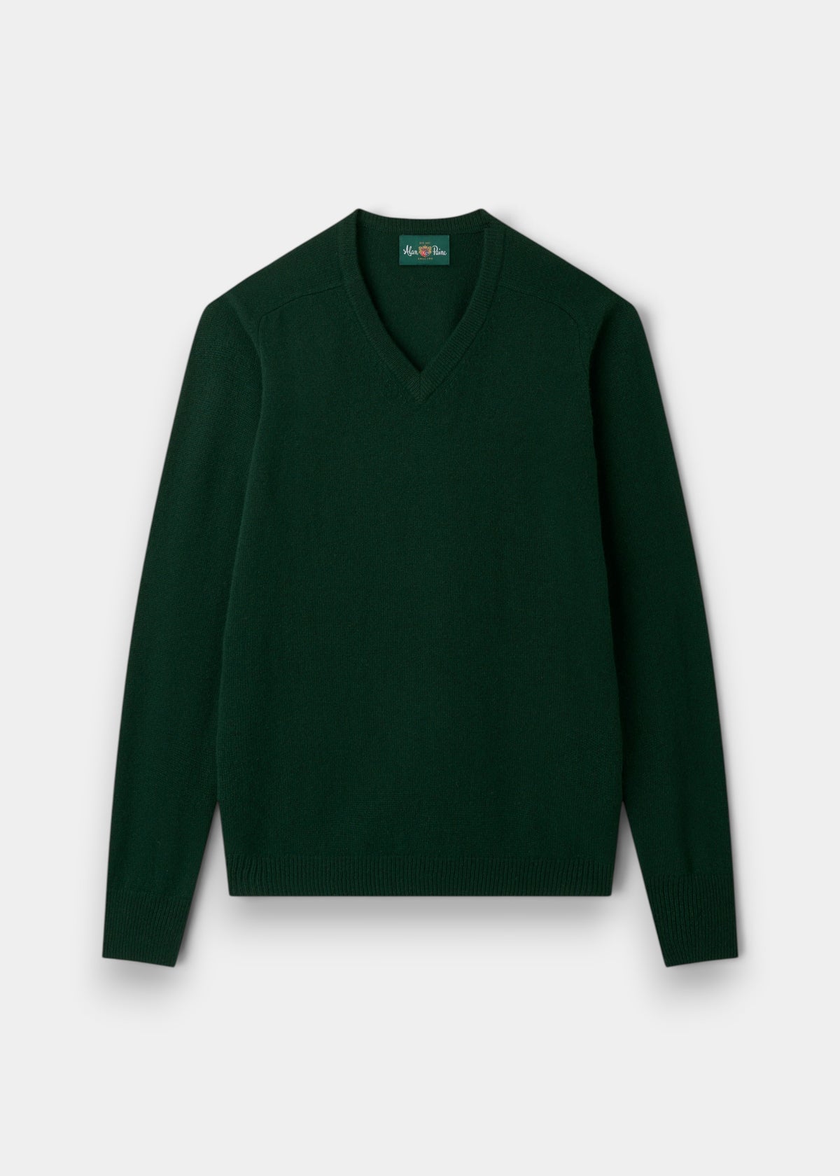 Alan Paine Kilsyth men's V-neck jumper in tartan green made from 100% soft lambswool with ribbed hem and cuffs.